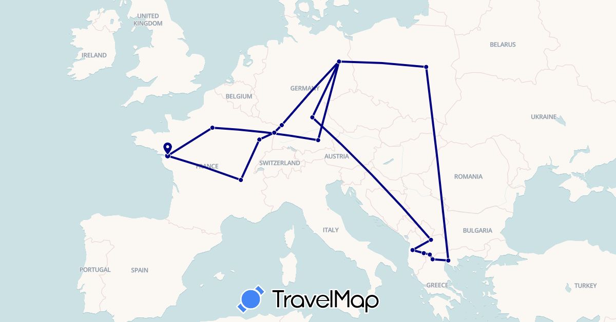 TravelMap itinerary: driving in Albania, Germany, France, Greece, Macedonia, Poland (Europe)